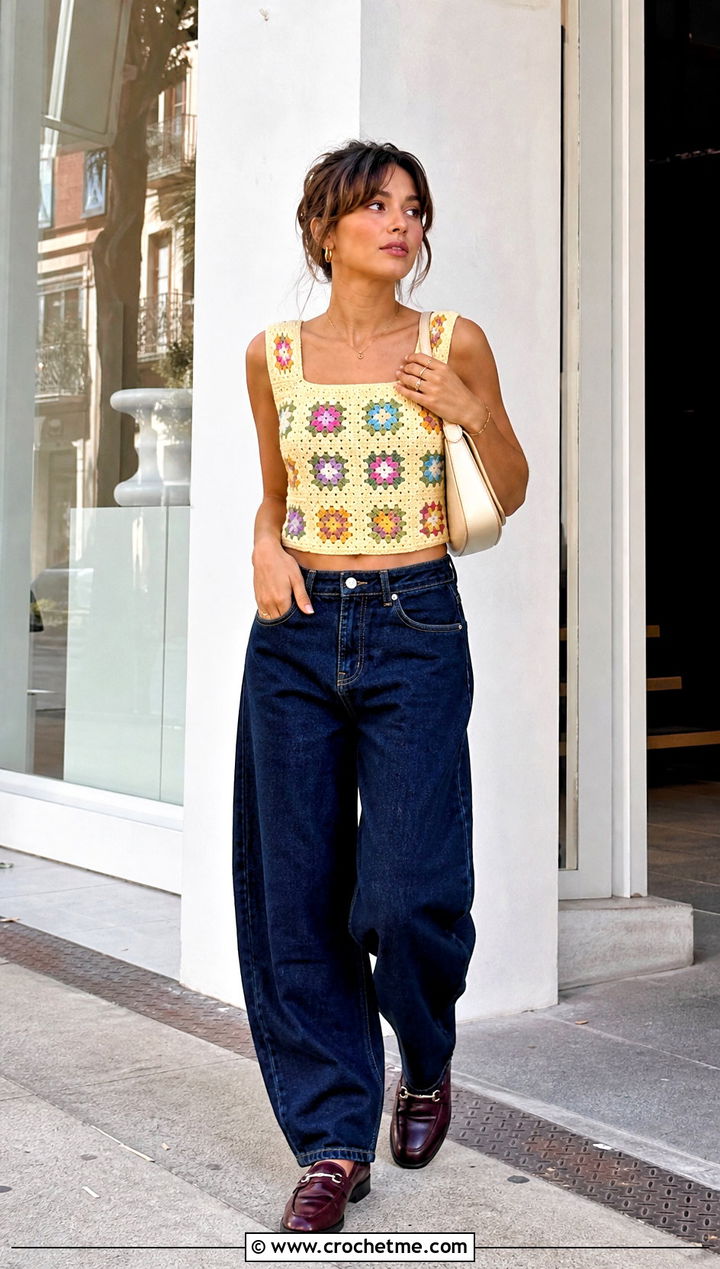 Granny Square Crochet Crop Top With Barrel Jeans - 15 crochet top with intricate outfit ideas