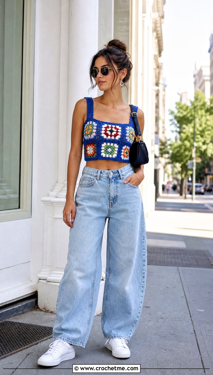 Granny Square Crochet Crop Top With Barrel Jeans - 15 crochet tops on hangers outfit ideas