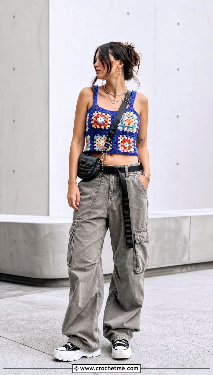 Granny Square Crochet Crop Top With Cargo Pants - 35 grunge crochet top outfit ideas