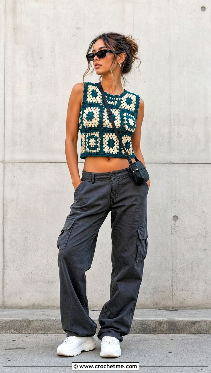 Granny Square Crochet Crop Top With Cargo Pants - 25 crochet for tops outfit ideas