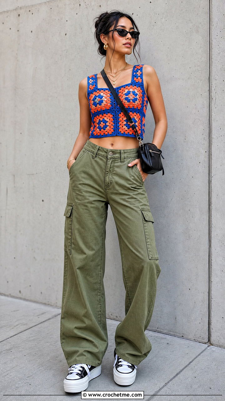 Granny Square Crochet Crop Top With Cargo Pants - 35 Basic Crochet Top outfit ideas