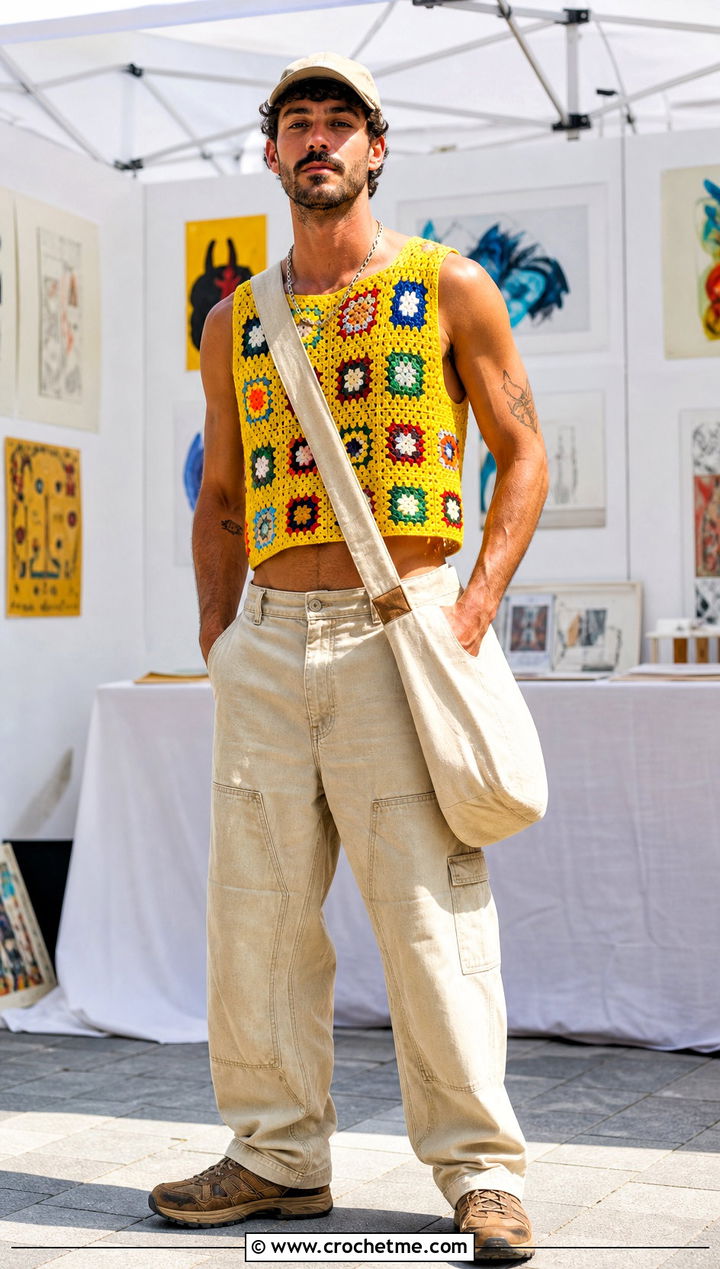 Granny Square Crochet Crop Top With Carpenter Pants - 25 Men Crochet Crop Top outfit ideas