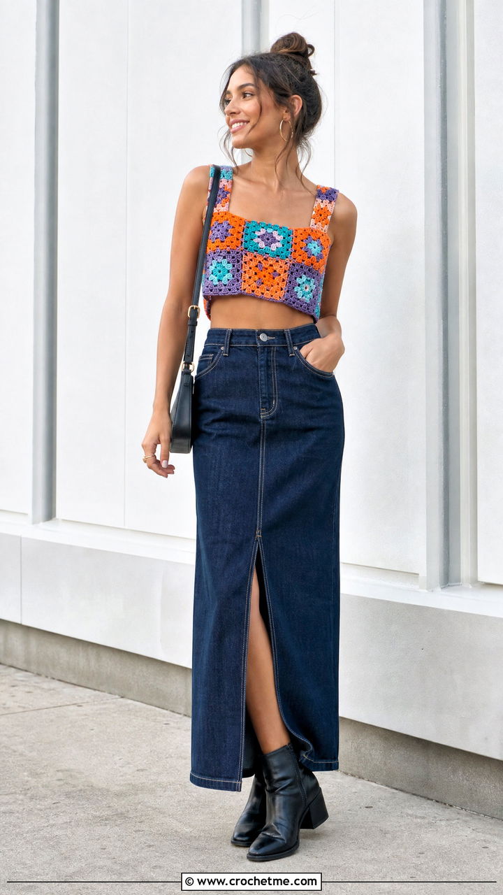 Granny Square Crochet Crop Top With Denim Maxi Skirt - 35 crochet going out top outfit ideas
