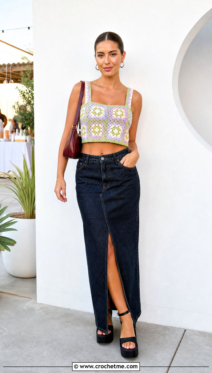 Granny Square Crochet Crop Top With Denim Maxi Skirt - 15 Abercrombie Crochet Top outfit ideas