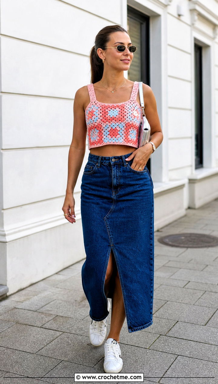 Granny Square Crochet Crop Top With Denim Midi Skirt - 20 modern crochet top outfit ideas