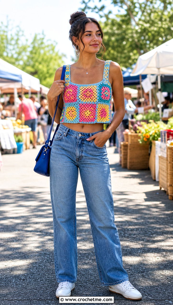 Granny Square Crochet Crop Top With Straight Leg Jeans - 30 cute crocheted tops outfit ideas