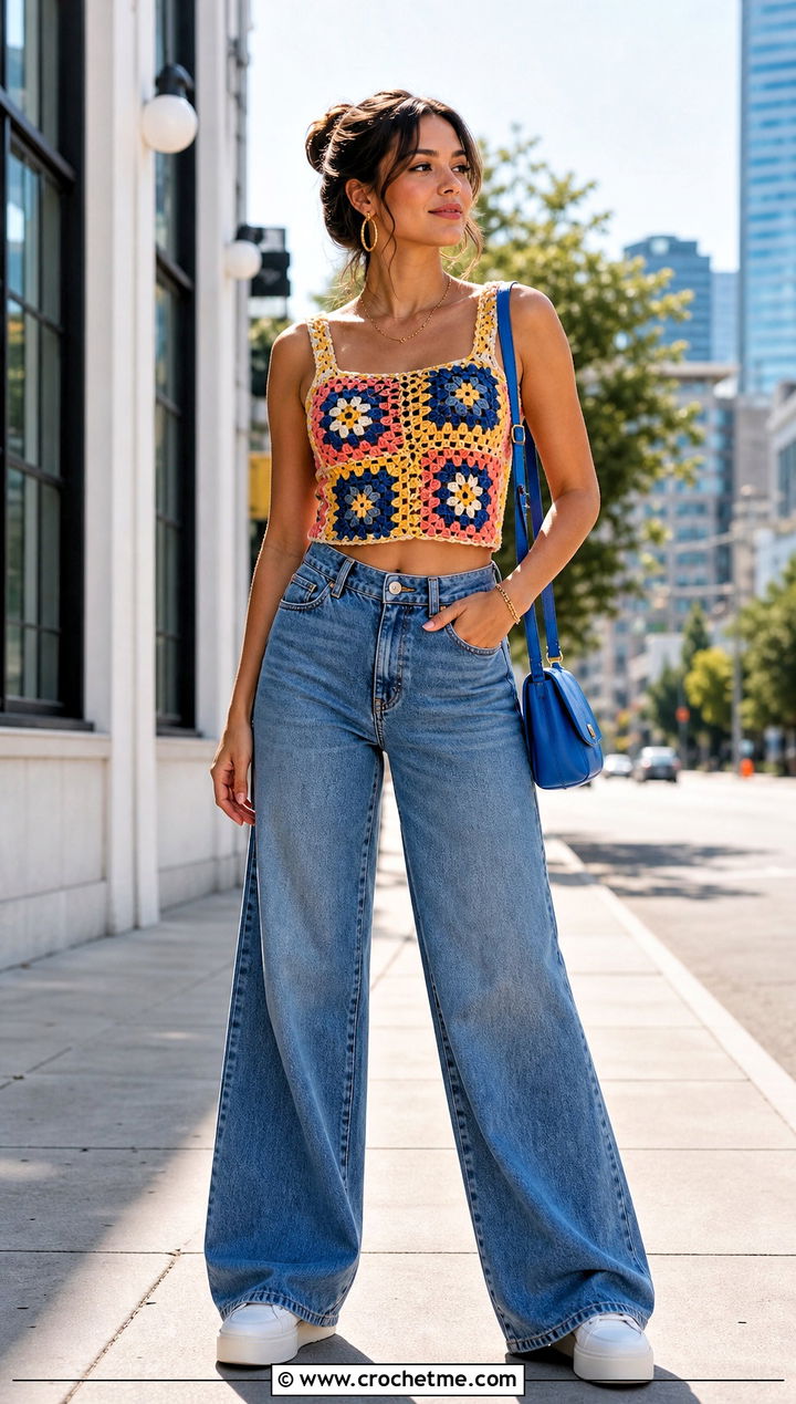 Granny Square Crochet Crop Top With Wide Leg Jeans - 30 multi color crochet top outfit ideas