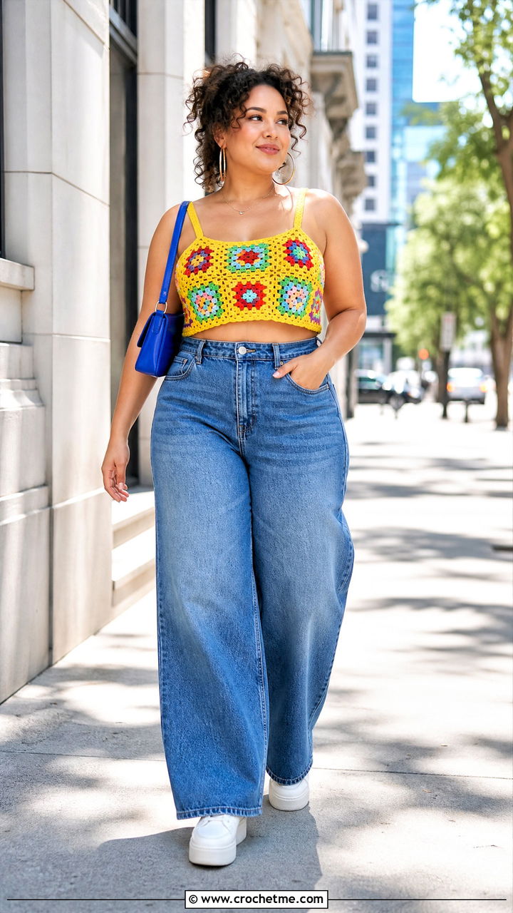 Granny Square Crochet Crop Top With Wide Leg Jeans - 35 crochet tops ideas