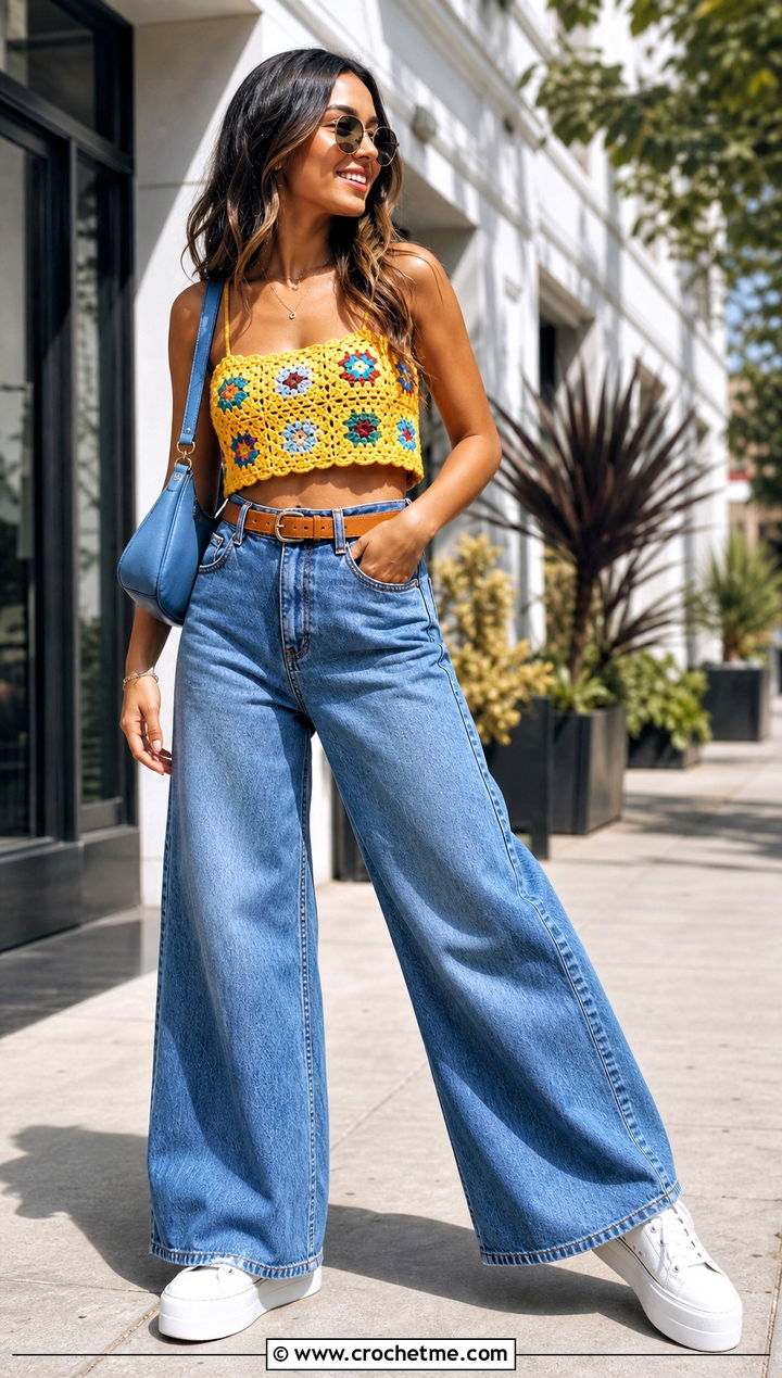 Granny Square Crochet Crop Top With Wide Leg Jeans - 35 Easy Crochet Top outfit ideas