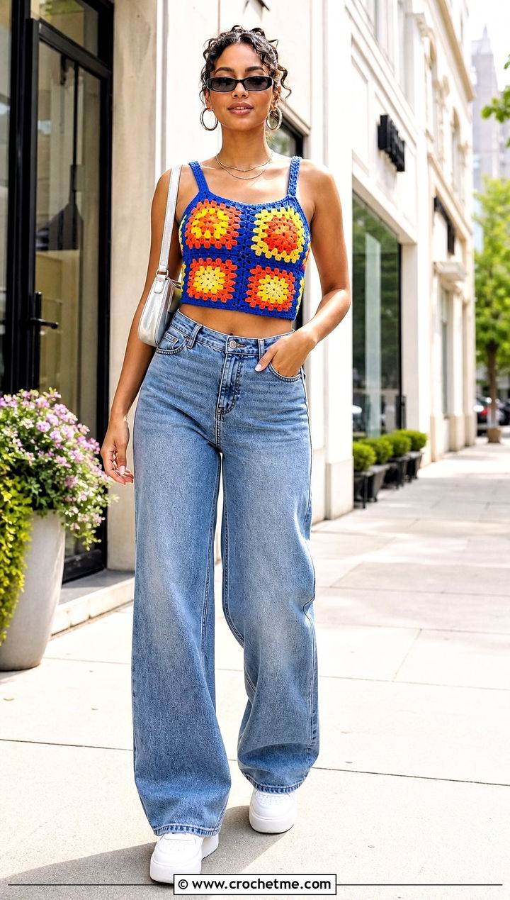 Granny Square Crochet Crop Top With Wide Leg Jeans - 35 style crochet top outfit ideas