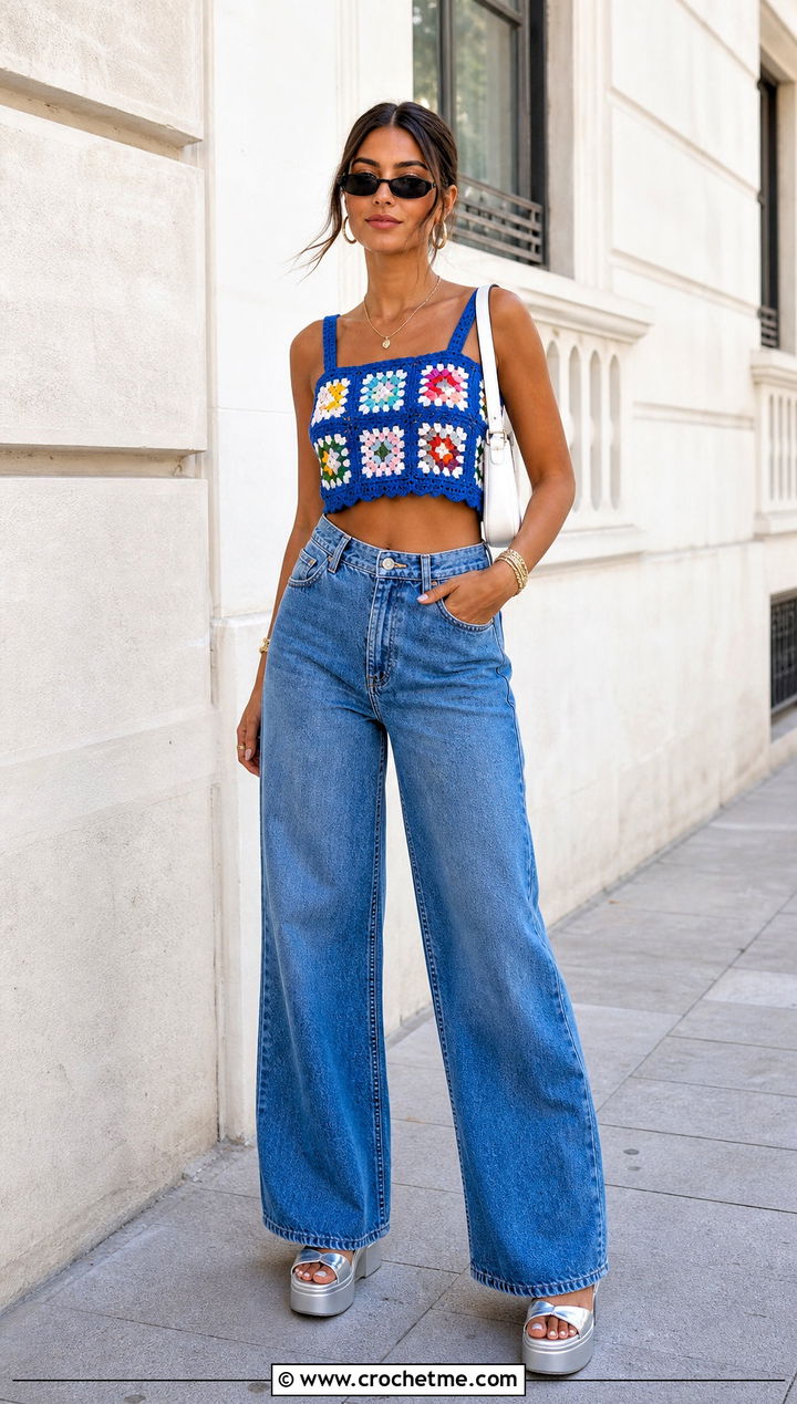 Granny Square Crochet Crop Top With Wide Leg Jeans - 25 Boho Crochet Summer Tops outfit ideas