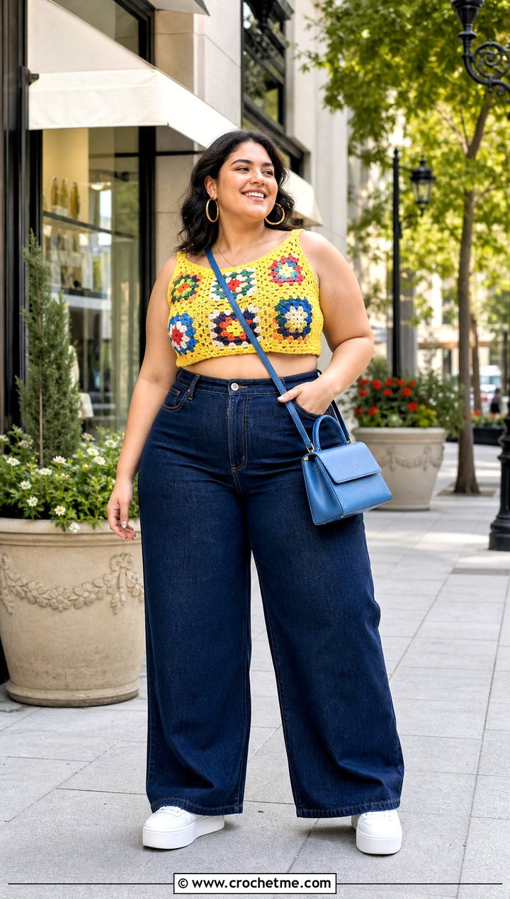 Granny Square Crochet Crop Top With Wide Leg Jeans - 25 crochet top for plus size women outfit ideas