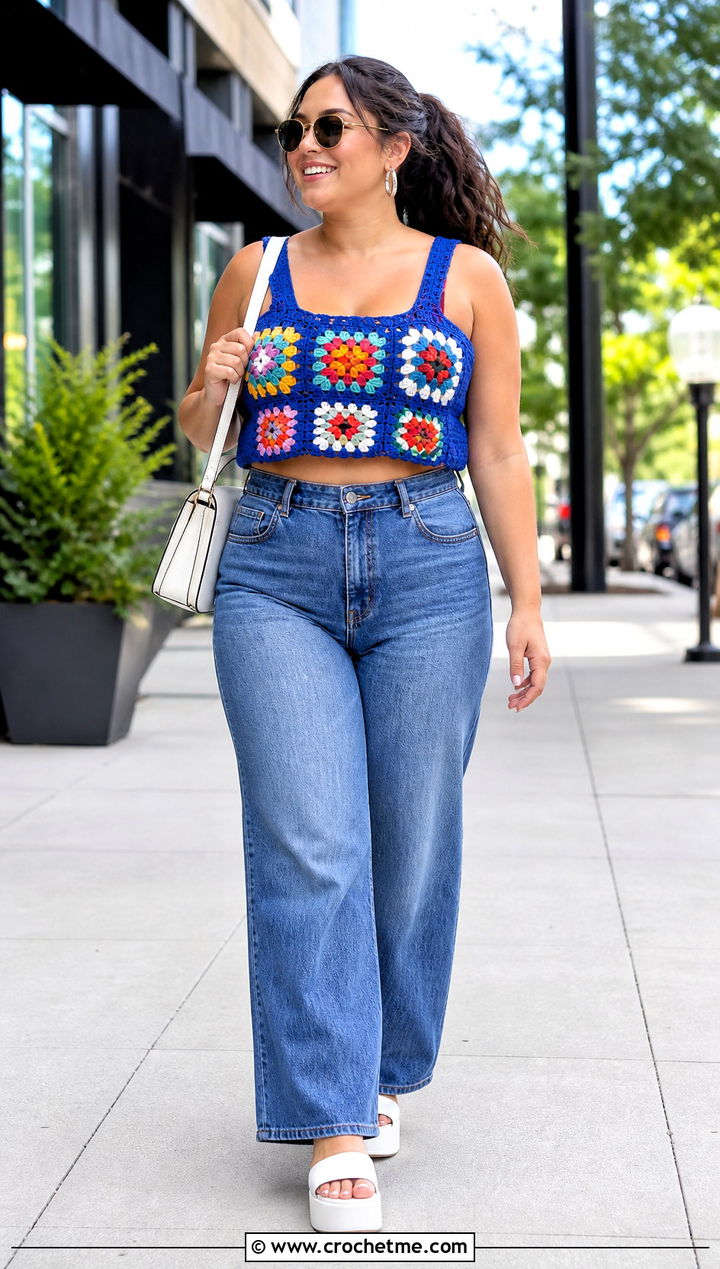 Granny Square Crochet Crop Top With Wide Leg Jeans - 25 crocheting crop top outfit ideas