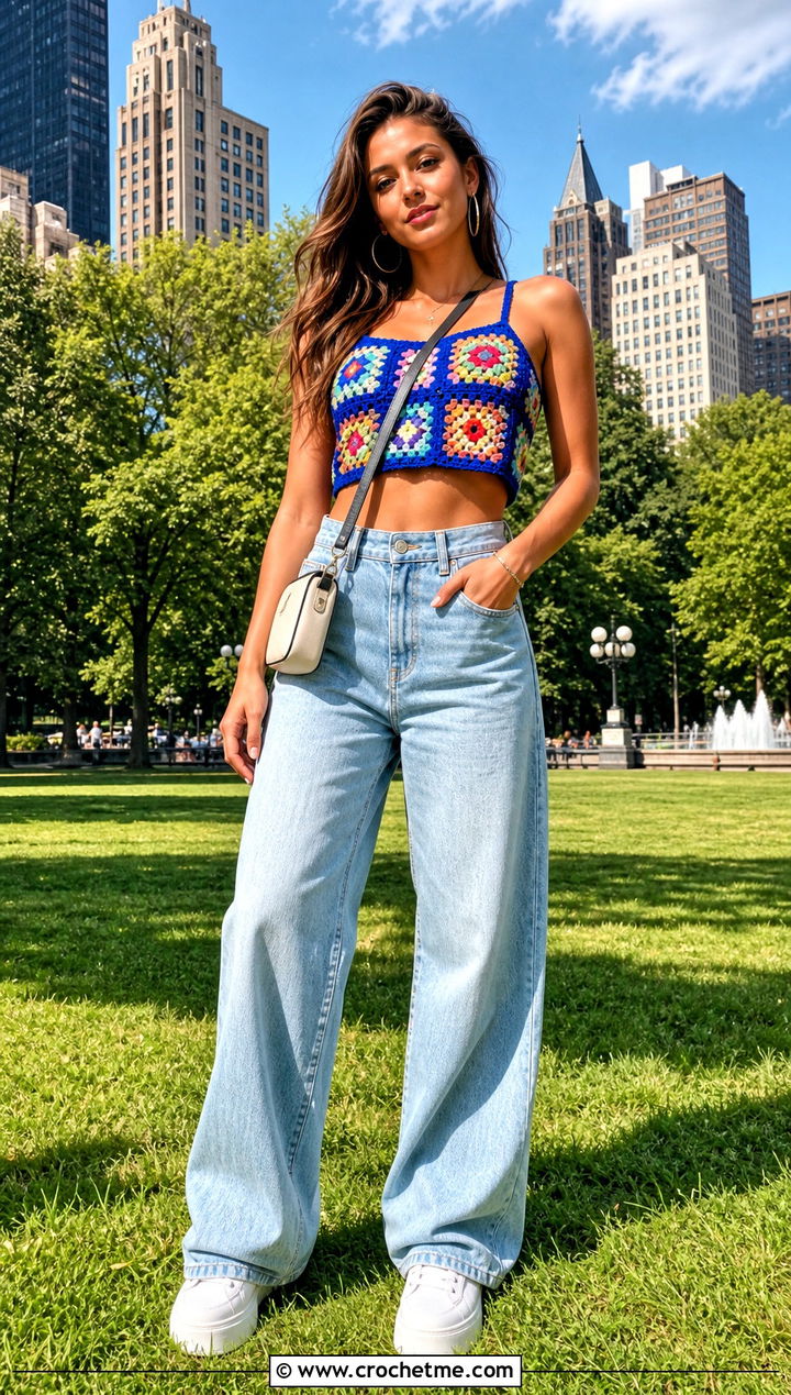 Granny Square Crochet Crop Top With Wide Leg Jeans - 15 crochet top on grass outfit ideas