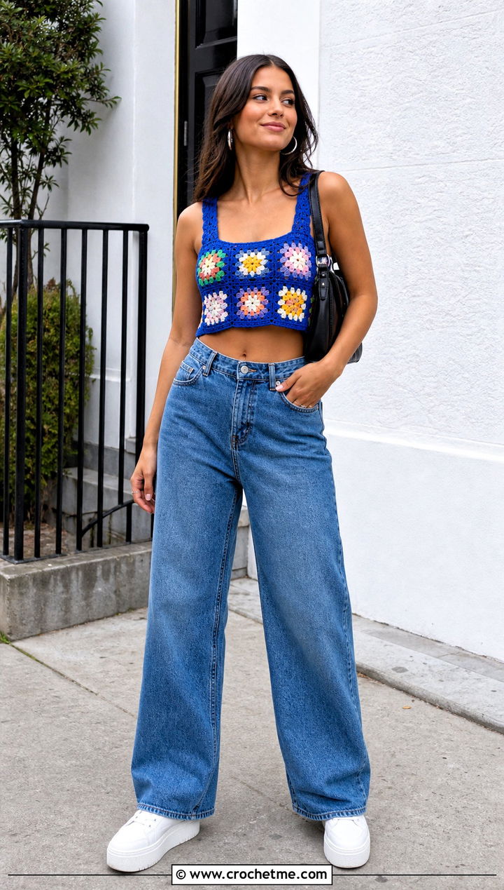 Granny Square Crochet Crop Top With Wide Leg Jeans - 15 handmade crochet top design outfit ideas