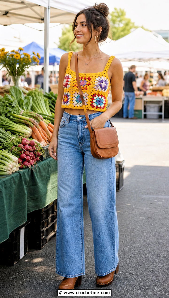 Granny Square Crochet Crop Top With Wide Leg Jeans - 15 rustic crochet top outfit ideas