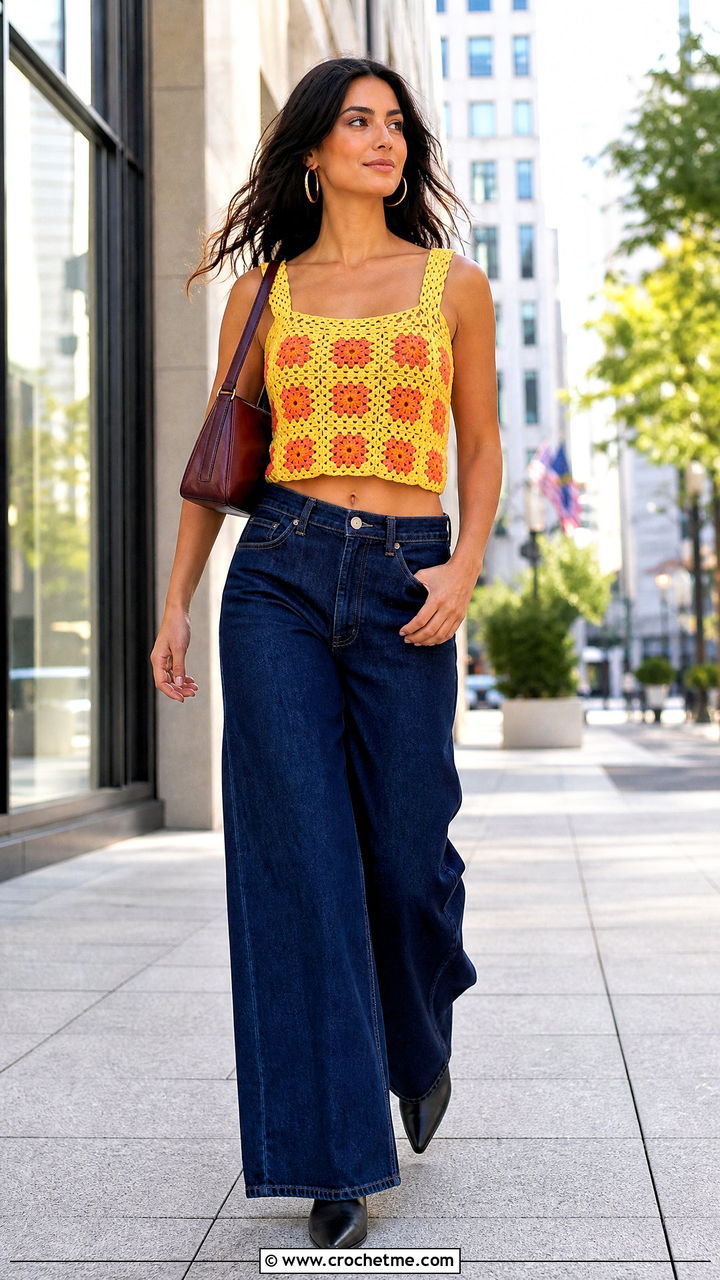 Granny Square Crochet Crop Top With Wide Leg Jeans - 35 crochet knit top outfit ideas