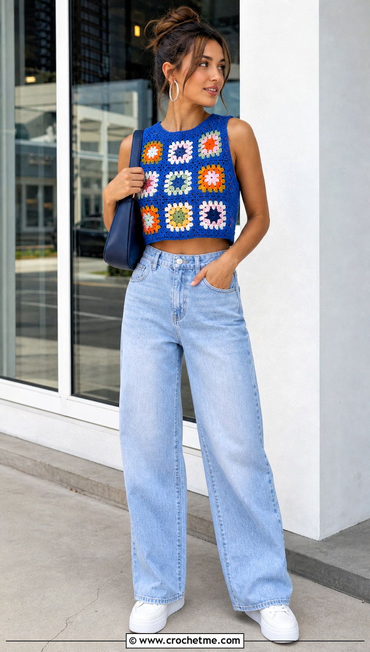 Granny Square Crochet Crop Top With Wide Leg Jeans - 20 different types of crochet tops outfit ideas
