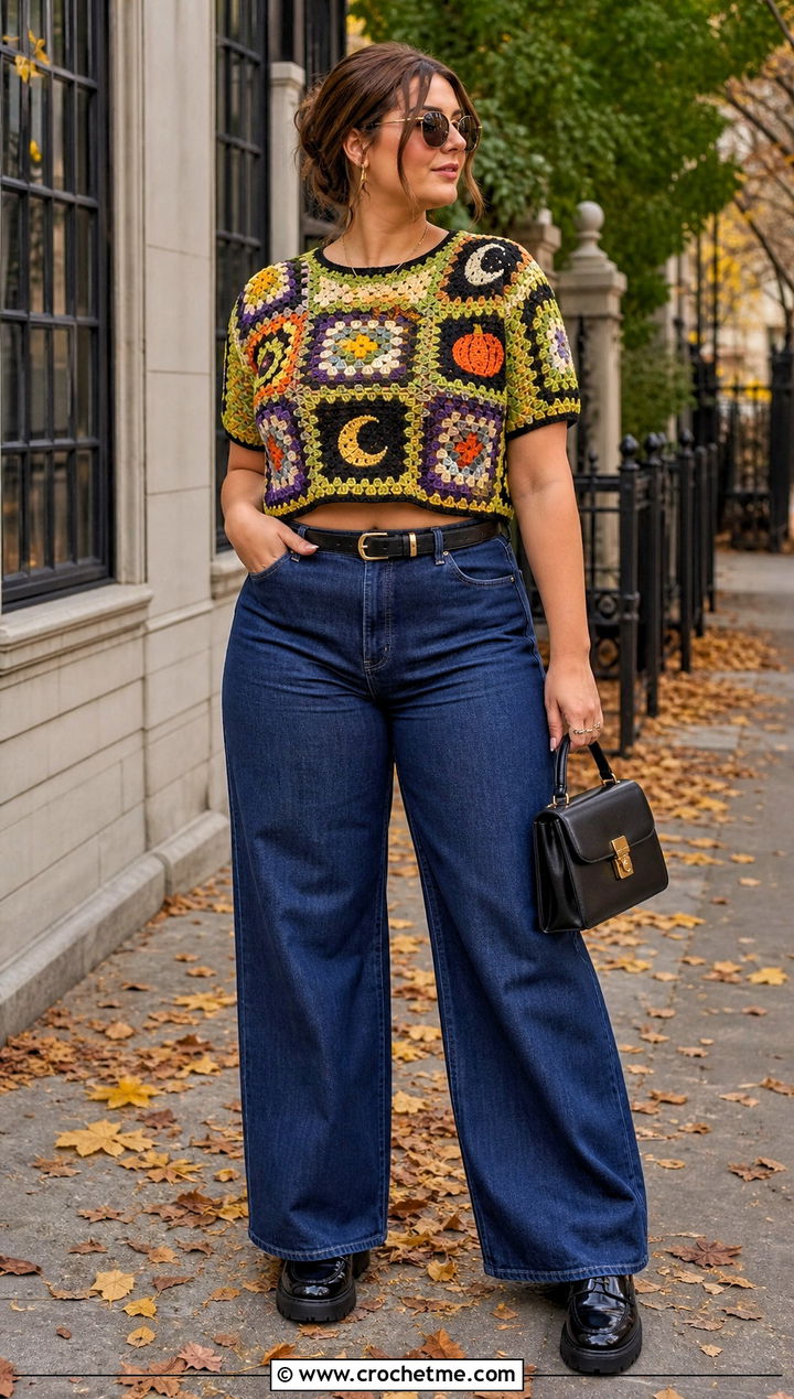 Granny Square Crochet Crop Top With Wide Leg Jeans - 20 halloween crochet crop top outfit ideas