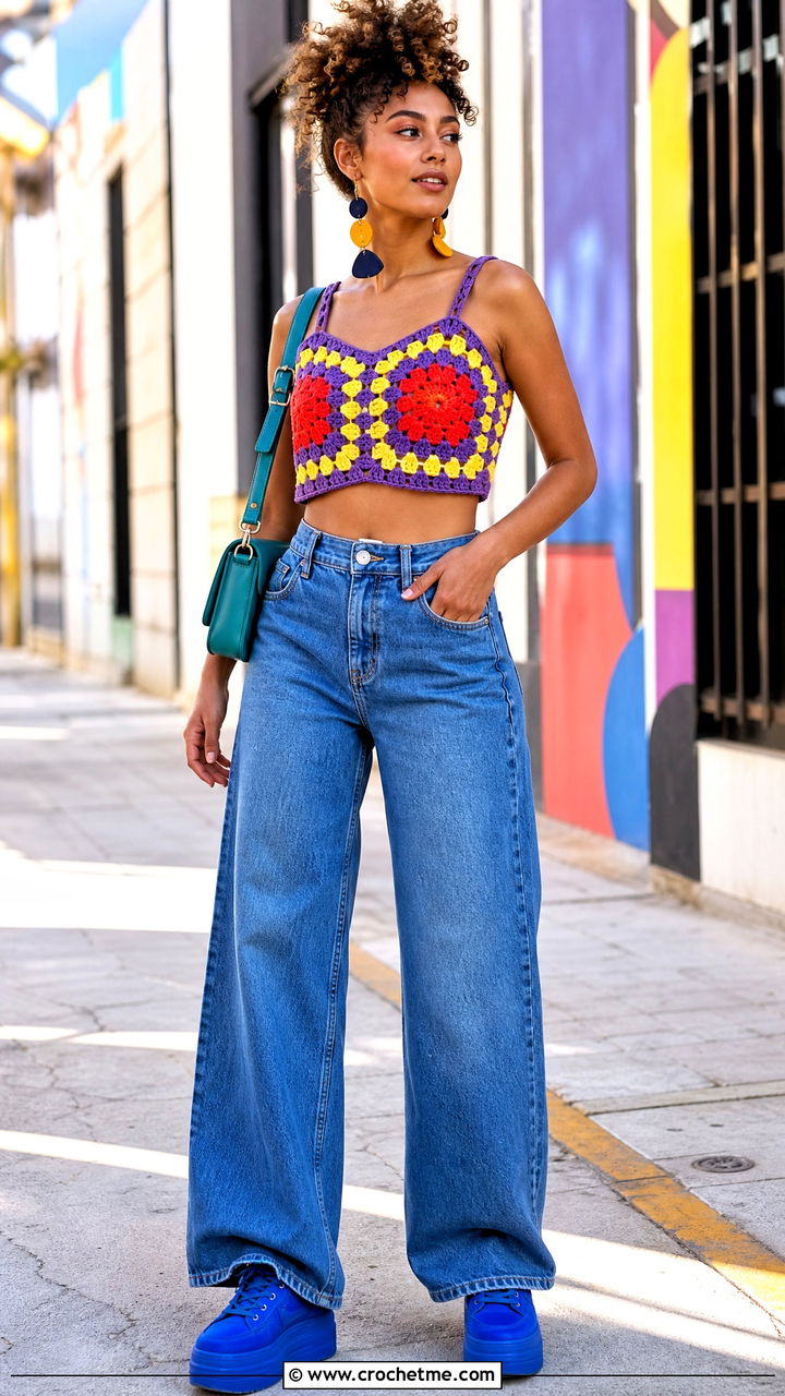 Granny Square Crochet Crop Top With Wide Leg Jeans - 35 crochet ladies tops outfit ideas