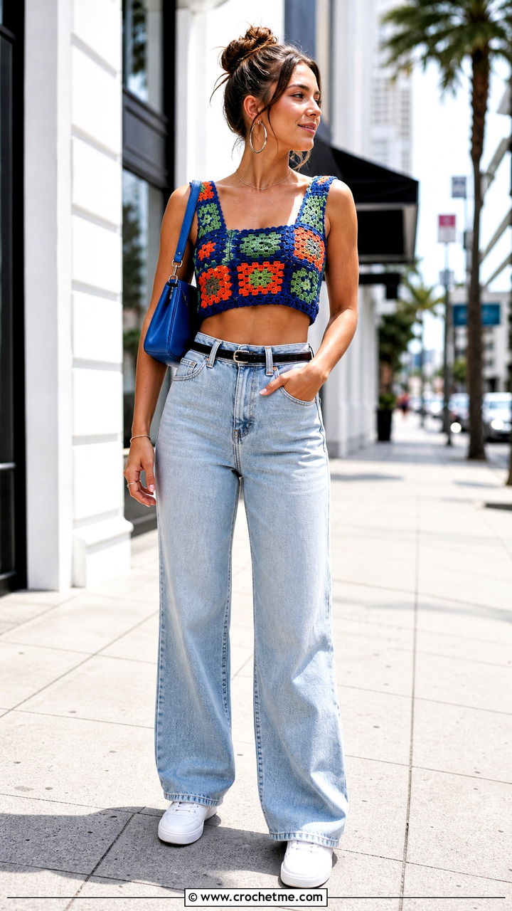 Granny Square Crochet Crop Top With Wide Leg Jeans - 35 crochet top ideas