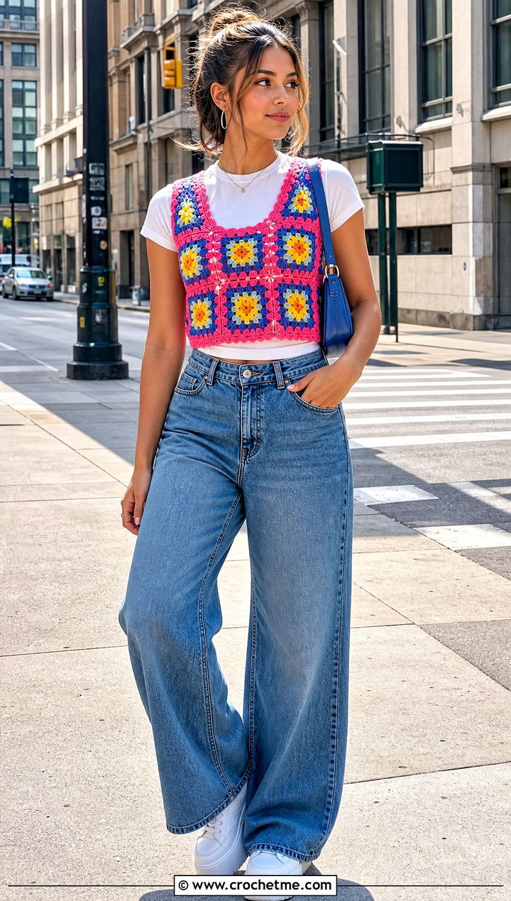 Granny Square Crochet Crop Vest With Wide Leg Jeans - 30 crochet crop vest outfit ideas