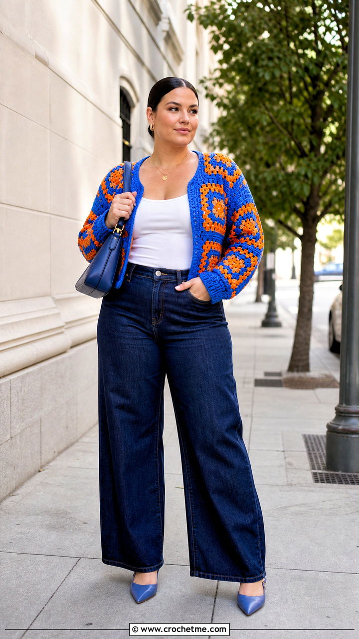 Granny Square Crochet Cropped Cardigan With Wide Leg Jeans - 35 crochet cropped cardigan outfit ideas