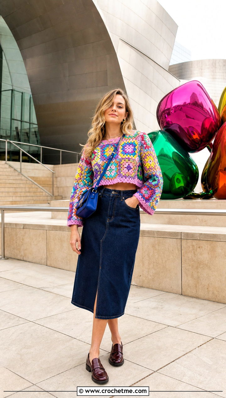 Granny Square Crochet Cropped Jumper With Denim Skirt - 30 crochet cropped jumper outfit ideas