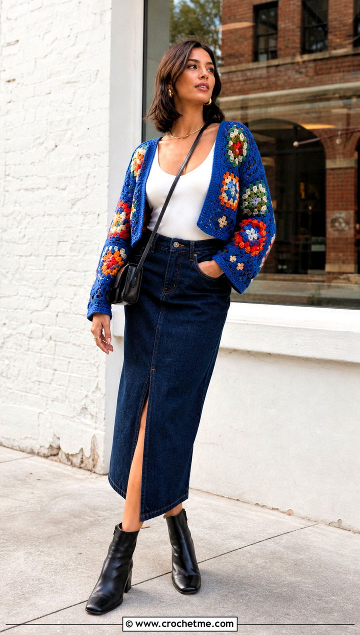 Granny Square Crochet Cropped Shrug With Denim Skirt - 25 Crochet Cropped Shrug outfit ideas