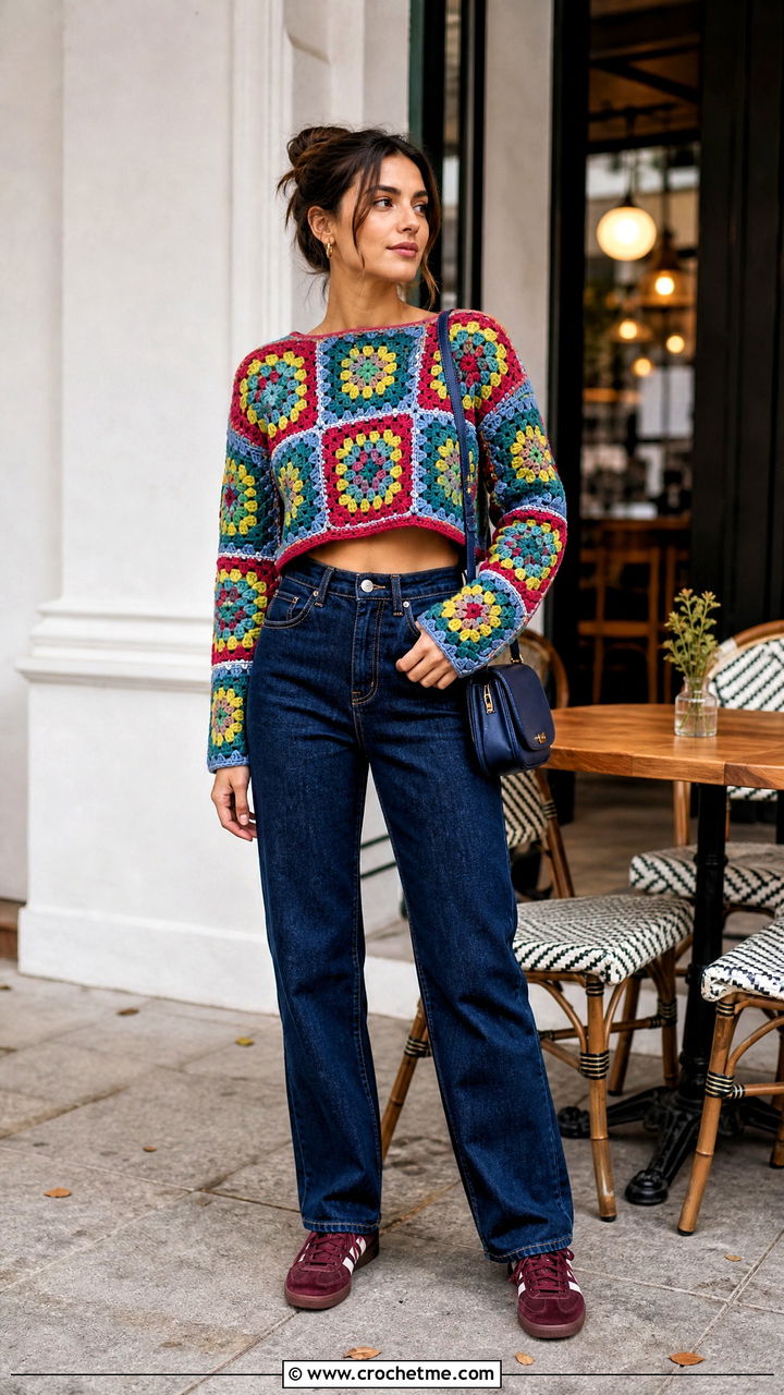 Granny Square Crochet Cropped Sweater With Straight Jeans - 35 crochet cropped sweater outfit ideas