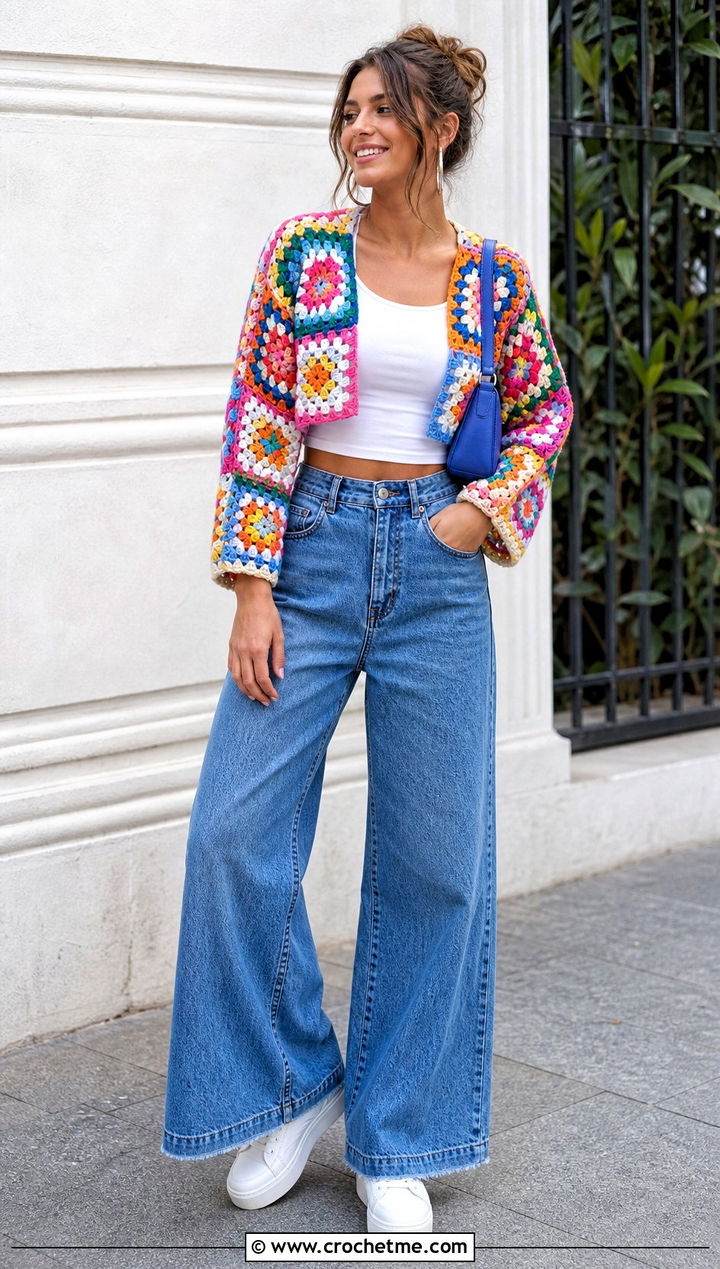 Granny Square Crochet Cropped Sweater With Wide Leg Jeans - 20 Easy Crochet Cropped Sweater outfit ideas
