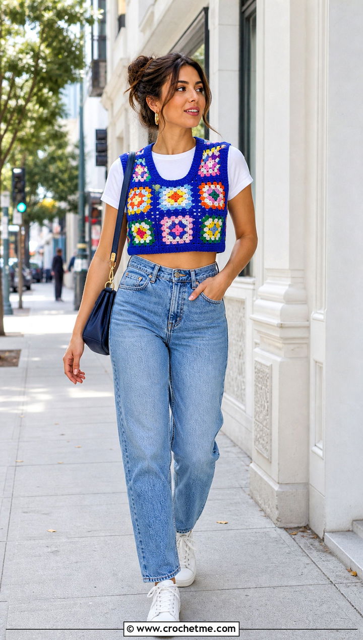 Granny Square Crochet Cropped Vest With Straight Leg Jeans - 15 crochet cropped vest outfit ideas