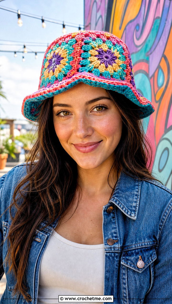 Granny Square Crochet Derby Hat With Denim Jacket - 25 Crochet Derby Hat outfit ideas