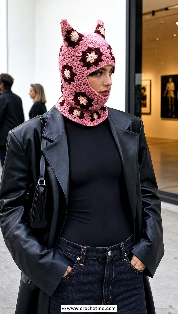 Granny Square Crochet Devil Horn Balaclava With Leather Blazer - 20 crochet devil horn balaclava outfit ideas