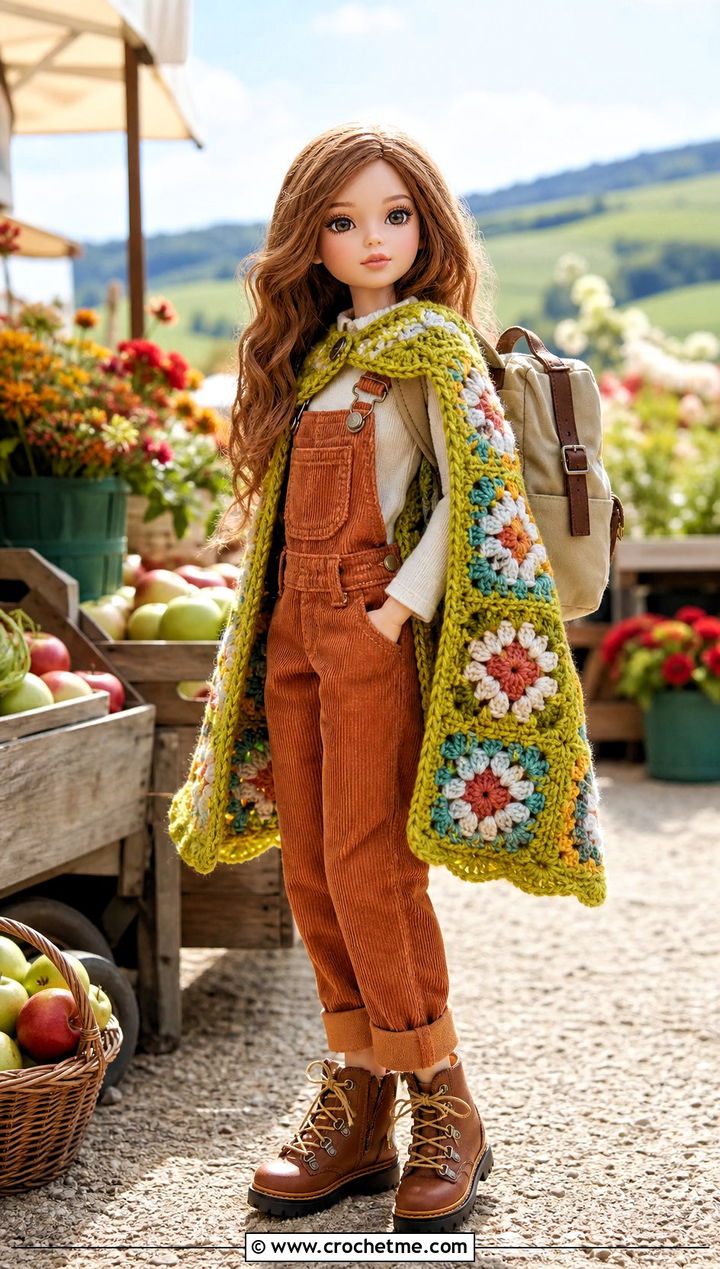 Granny Square Crochet Doll Cape With Corduroy Overalls - 25 Crochet Doll Cape outfit ideas