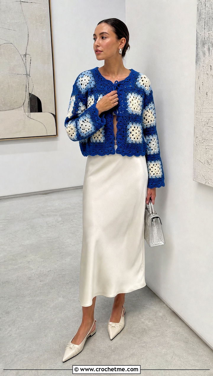 Granny Square Crochet Doll Cardigan With Satin Skirt - 30 crochet doll cardigan outfit ideas