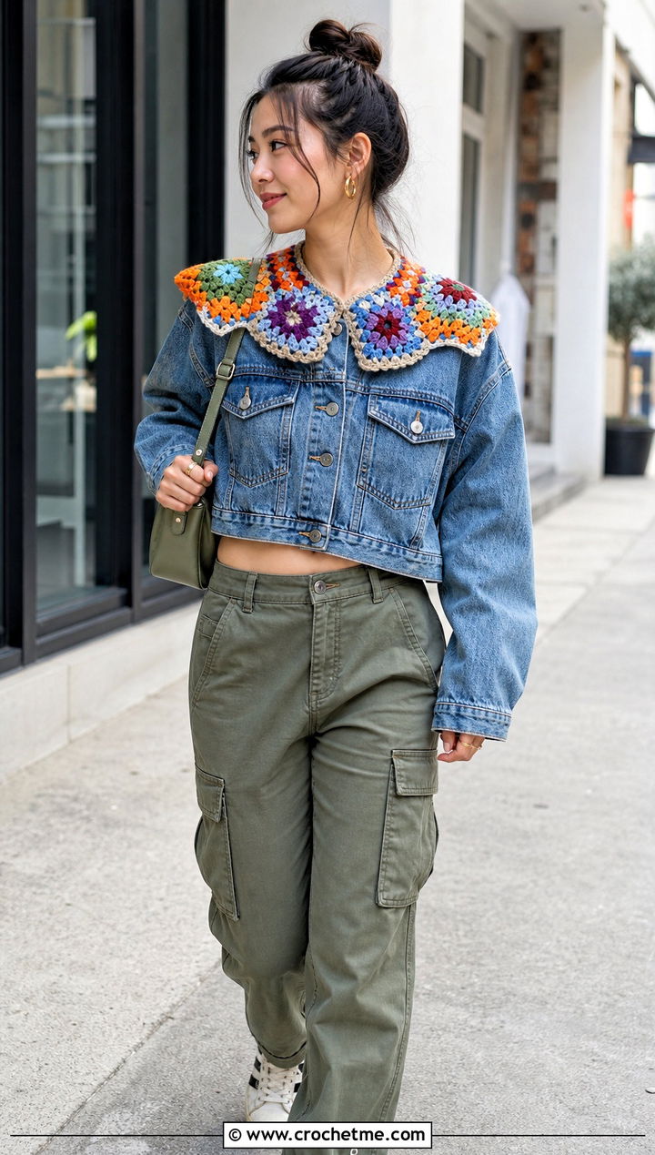 Granny Square Crochet Doll Collar With Denim Jacket And Cargo Pants - 25 Crochet Doll Collar outfit ideas