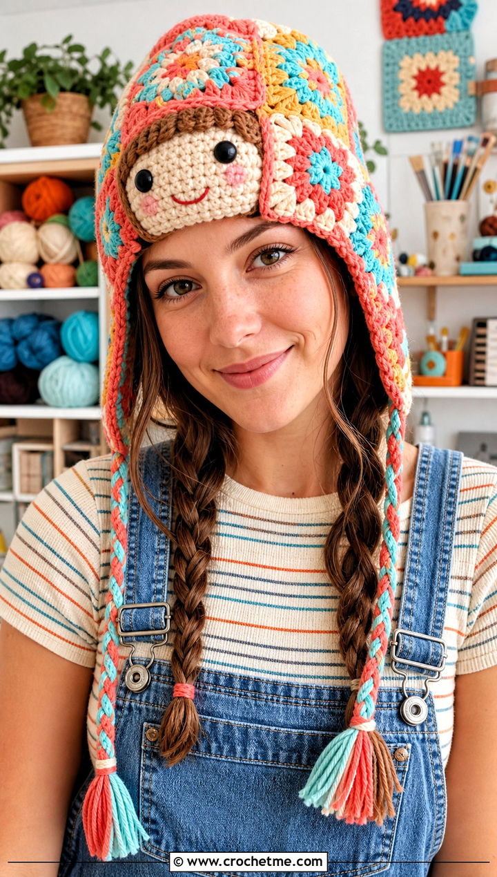 Granny Square Crochet Doll Hat With Braids And Overalls - 15 crochet doll hat with braids outfit ideas