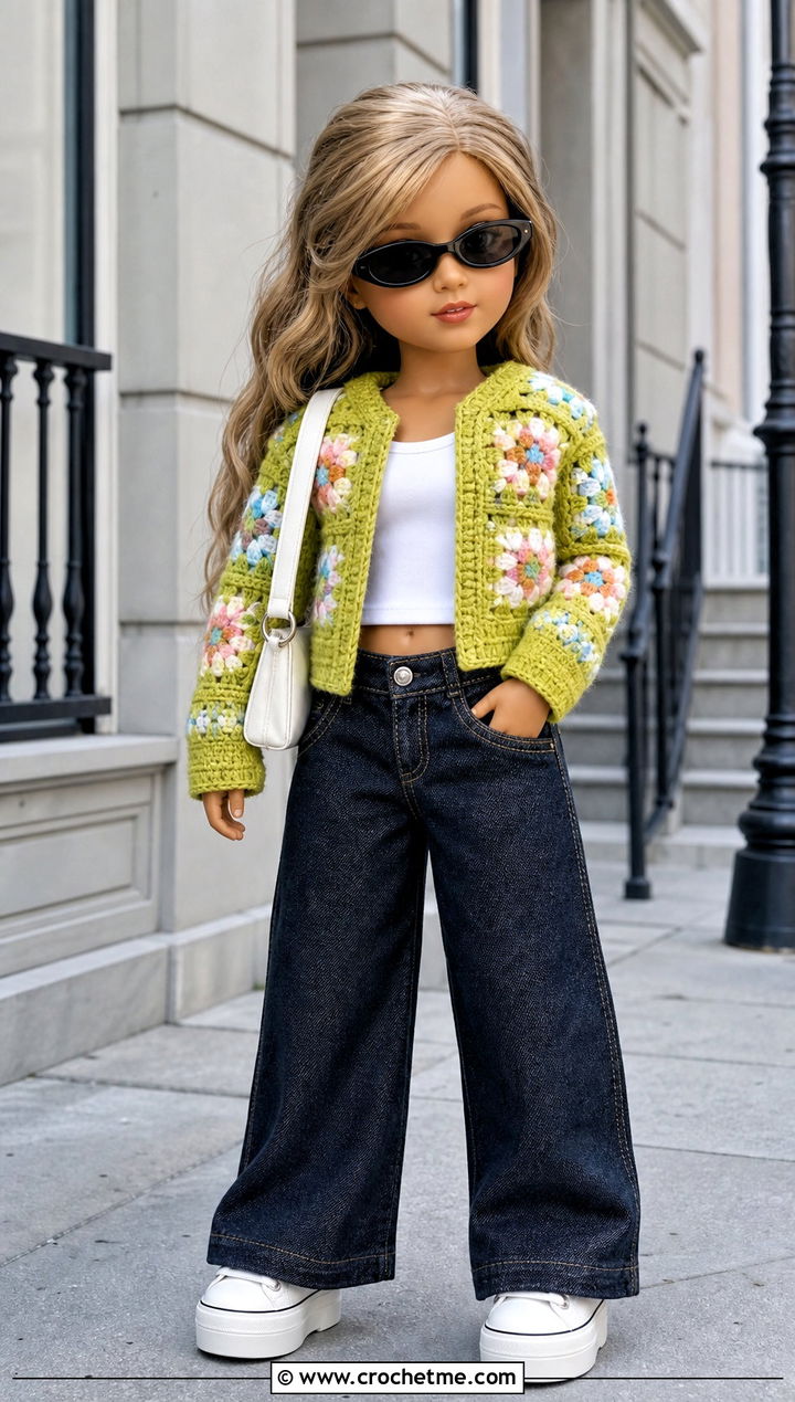 Granny Square Crochet Doll Jacket With Wide Leg Jeans - 30 crochet doll jacket outfit ideas