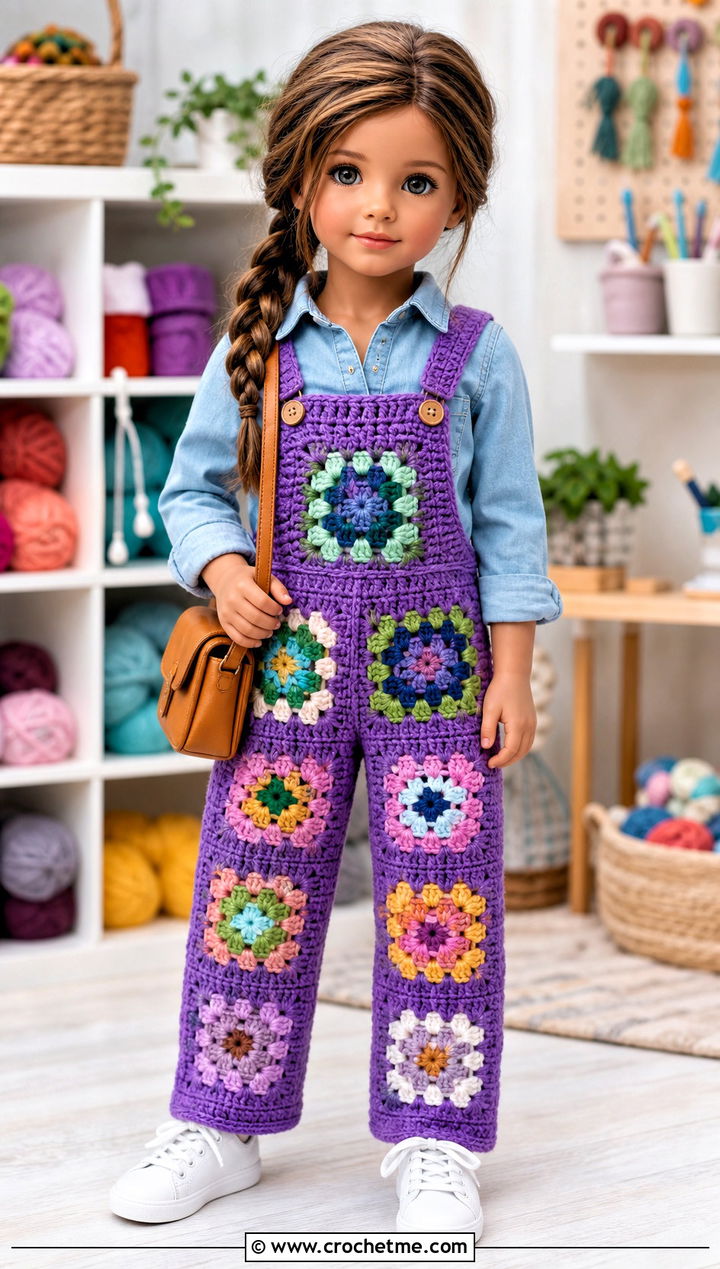 Granny Square Crochet Doll Overalls With Denim Shirt - 30 crochet doll overalls outfit ideas