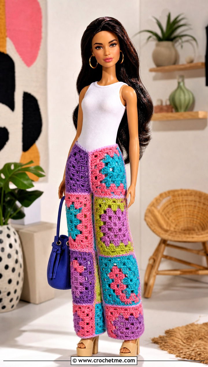 Granny Square Crochet Doll Pants With Bodysuit - 25 Crochet Pants For Dolls outfit ideas