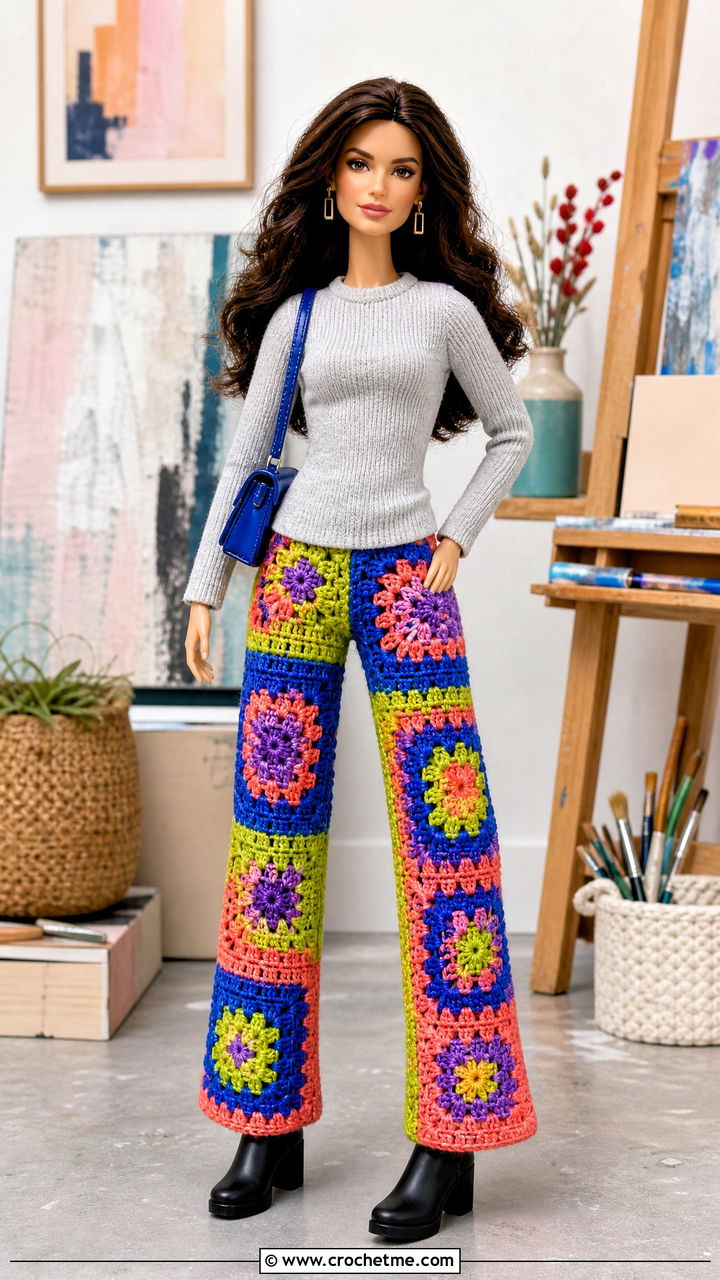 Granny Square Crochet Doll Pants With Solid Sweater - 35 crochet doll pants outfit ideas