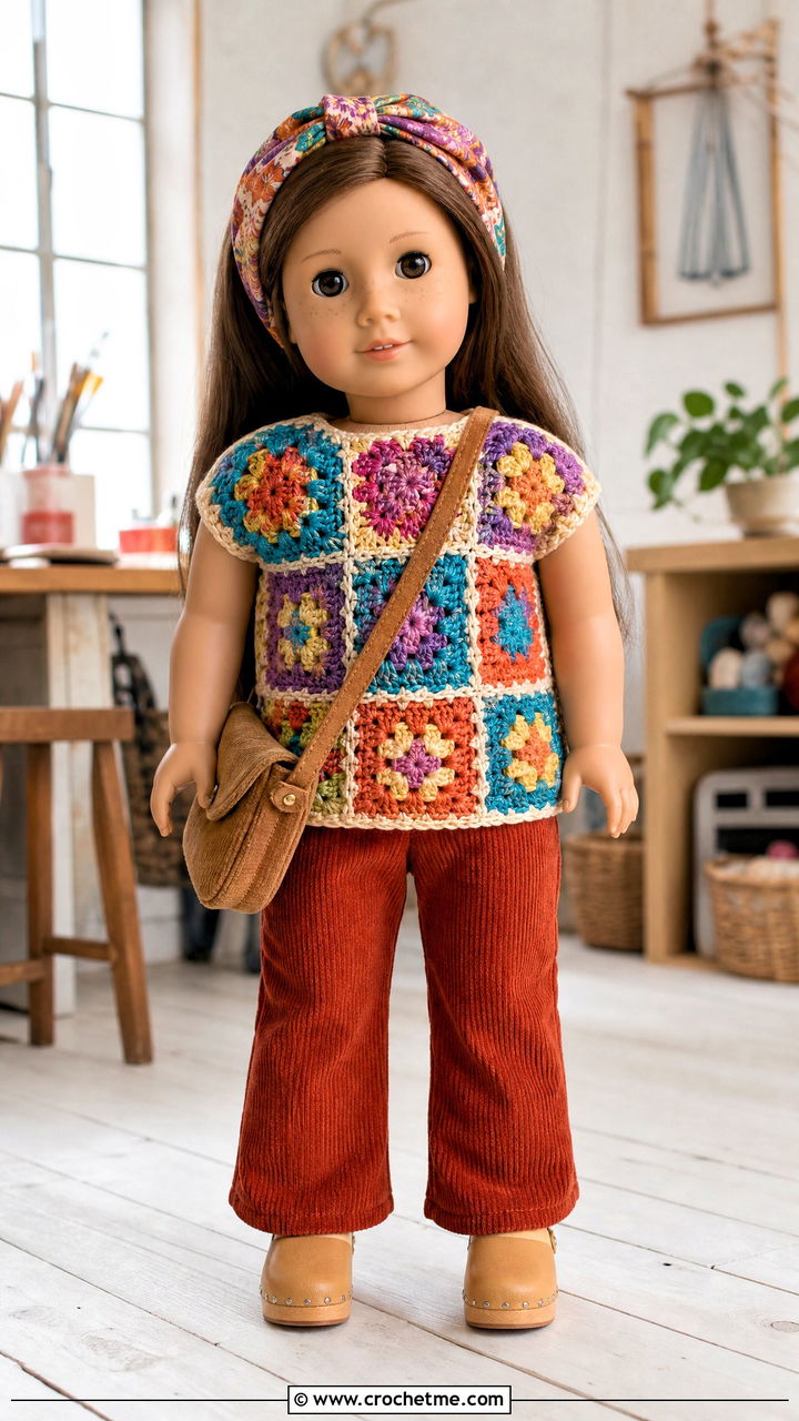 Granny Square Crochet Doll Shirt With Corduroy Pants - 35 crochet doll shirt outfit ideas