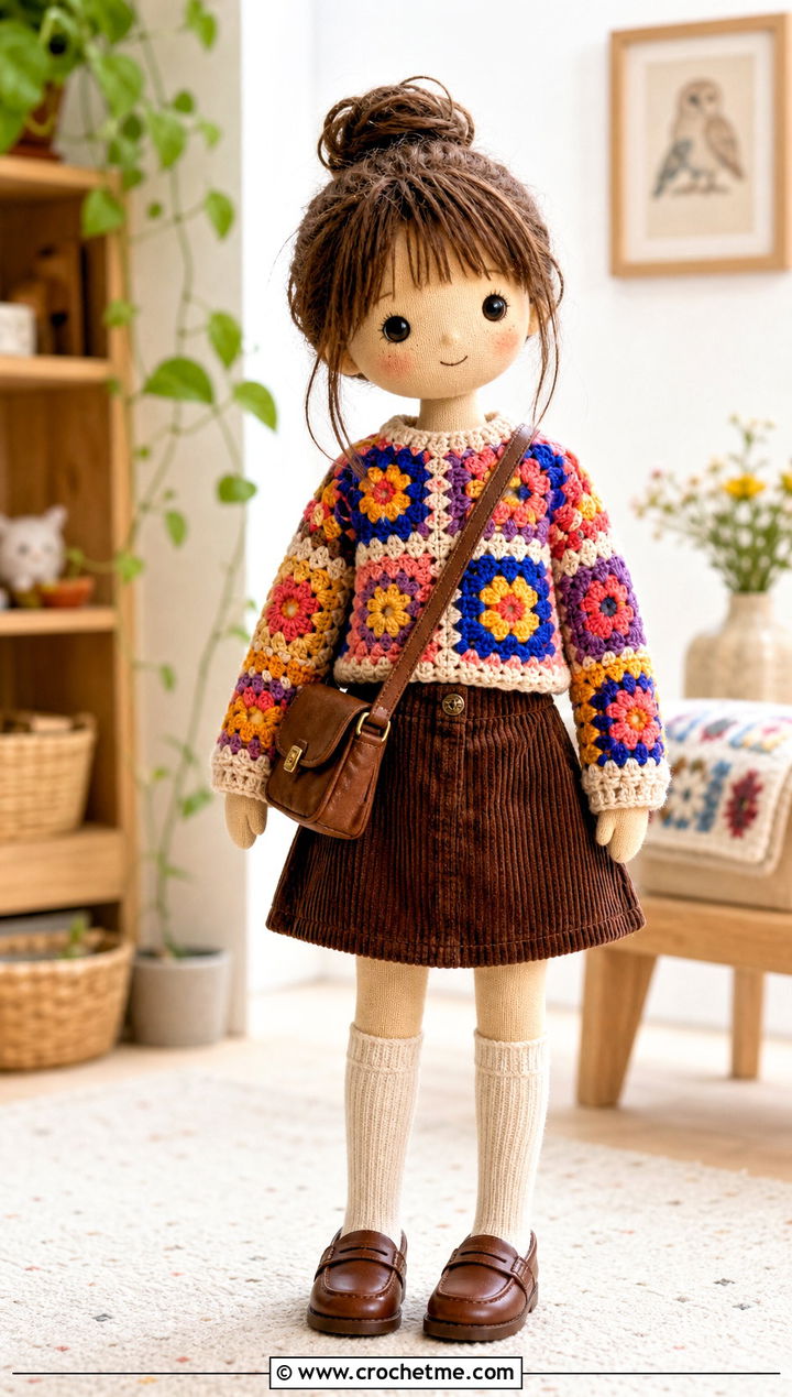 Granny Square Crochet Doll Sweater With Corduroy Skirt - 20 Crochet Sweater For Dolls outfit ideas