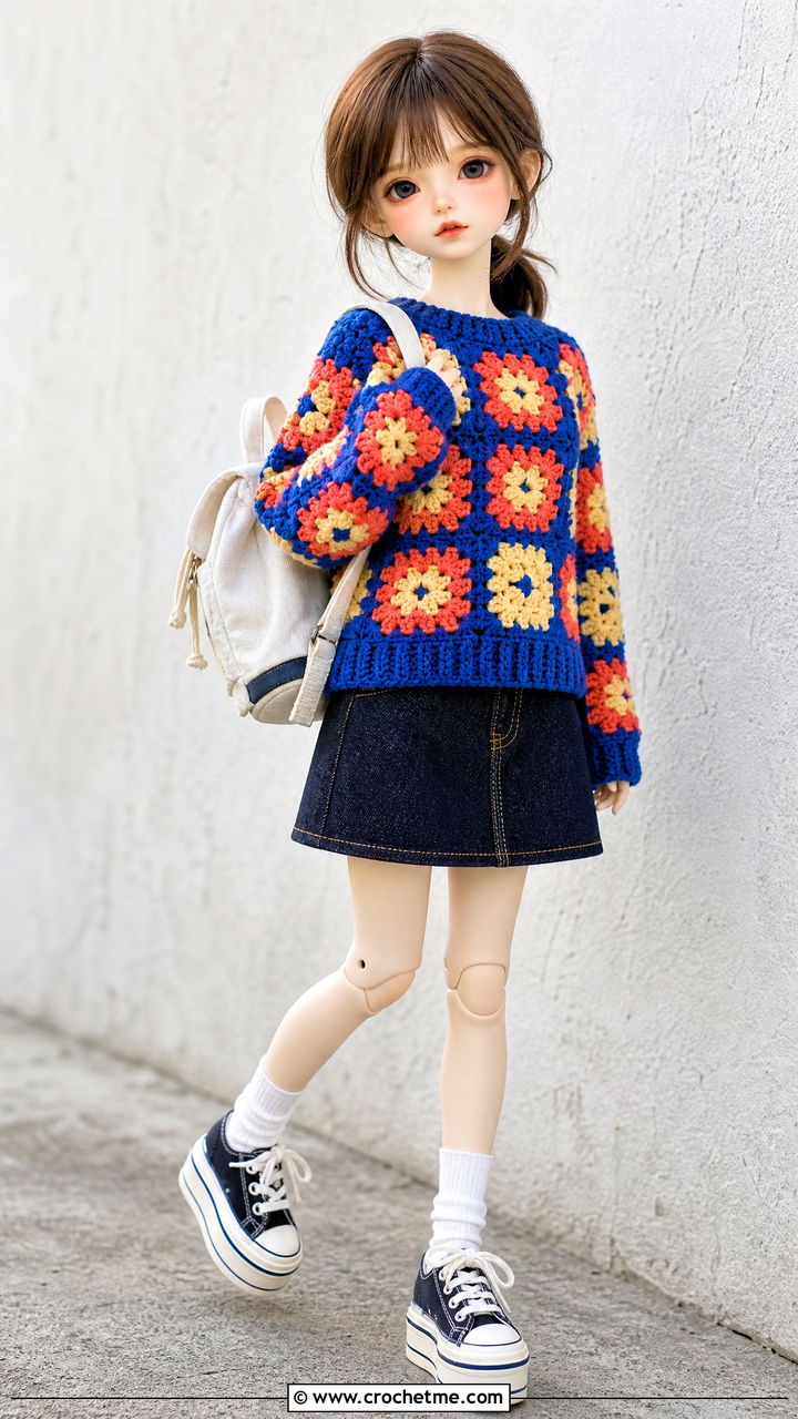 Granny Square Crochet Doll Sweater With Denim Skirt - 35 crochet doll sweater outfit ideas