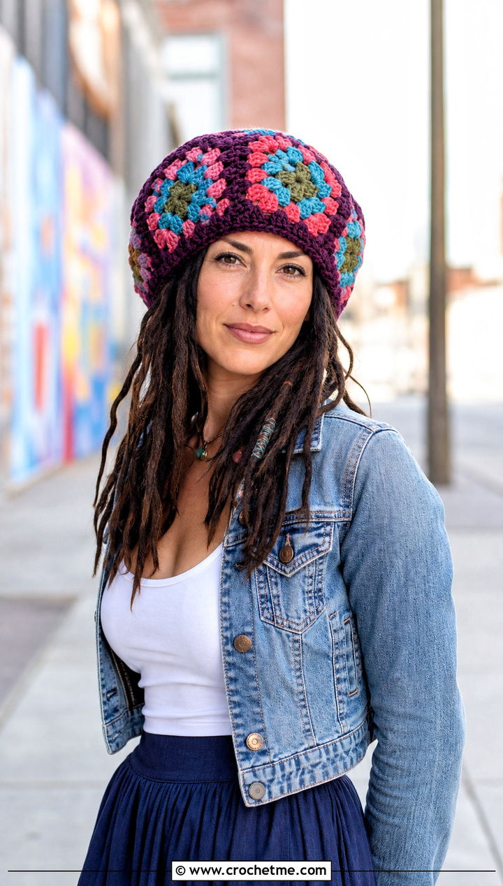 Granny Square Crochet Dread Tam With Denim Jacket And Maxi Skirt - 20 Crochet Dread Cap outfit ideas