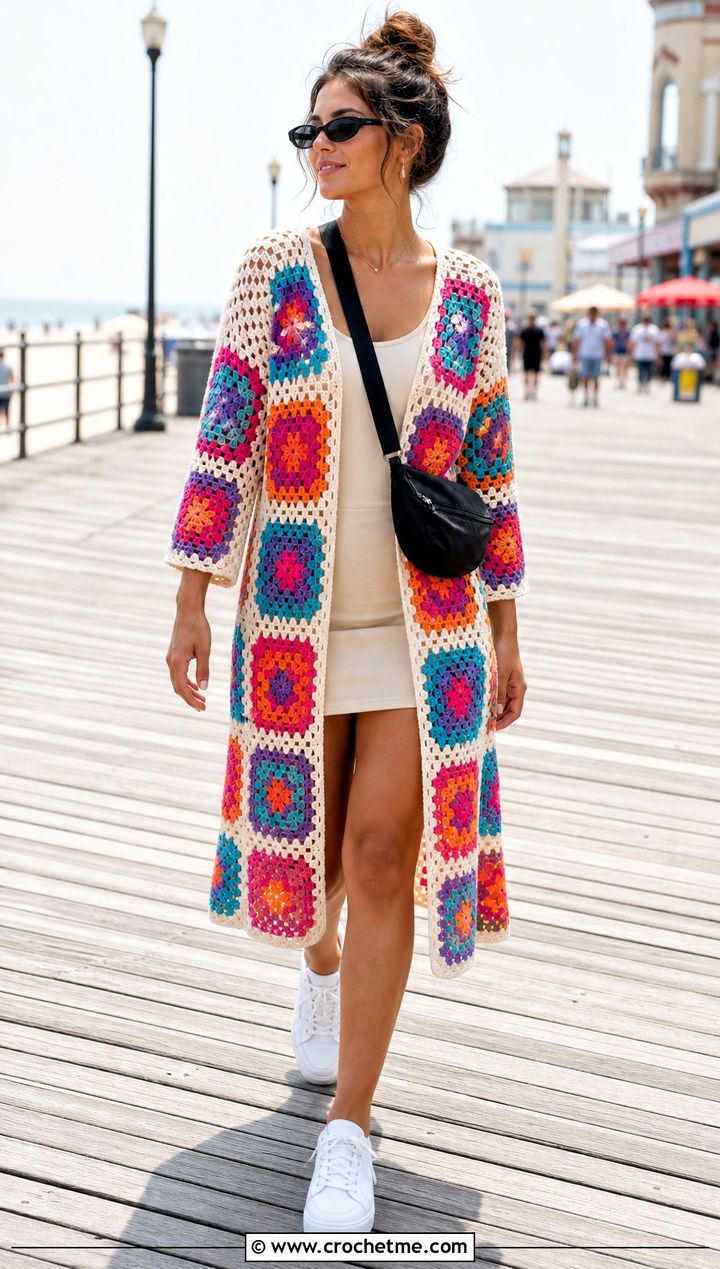 Granny Square Crochet Dress Cover Up With Sneakers - 25 Cute Crochet Cover Up outfit ideas