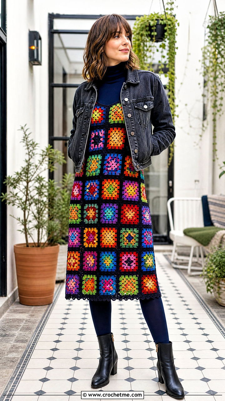 Granny Square Crochet Dress Over a Turtleneck - 35 fall crochet clothes and outfit ideas