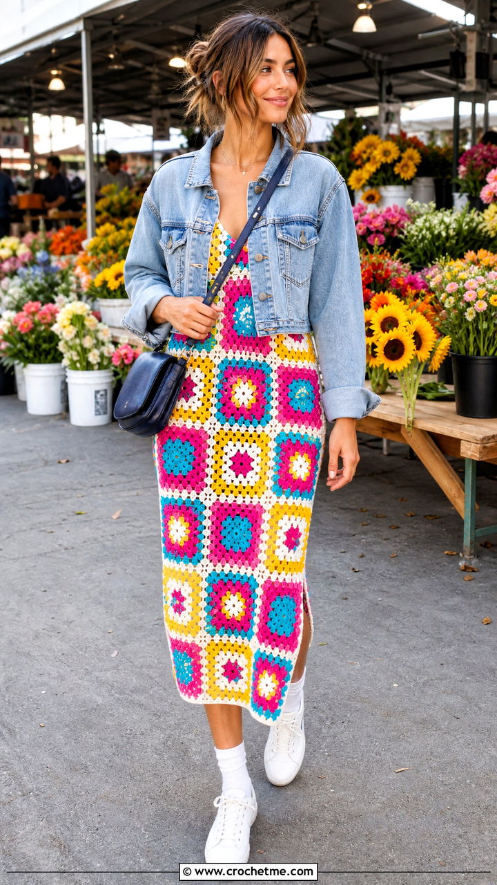 Granny Square Crochet Dress With Canvas Sneakers - 35 crochet dress ideas