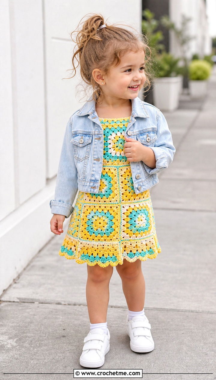 Granny Square Crochet Dress With Denim Jacket - 15 5T Crochet Dress outfit ideas